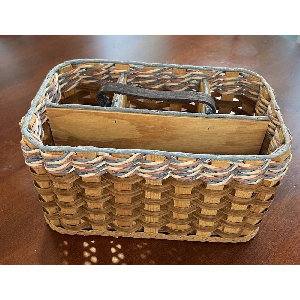 Vtg Nantucket Style Utensil Woven Basket Leather Handle Dividers Picnic Tailgate